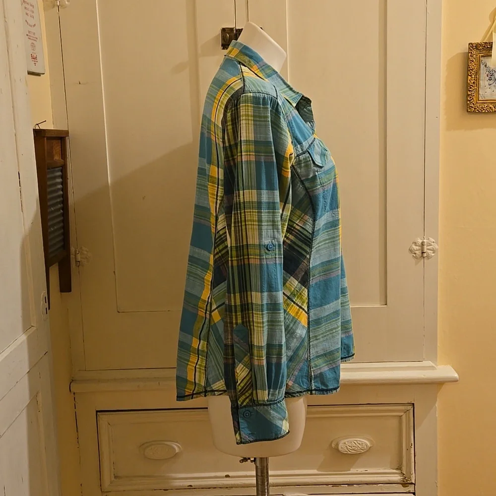 Columbia green and yellow plaid cotton button-down shirt Sz XL - Picture 2 of 10